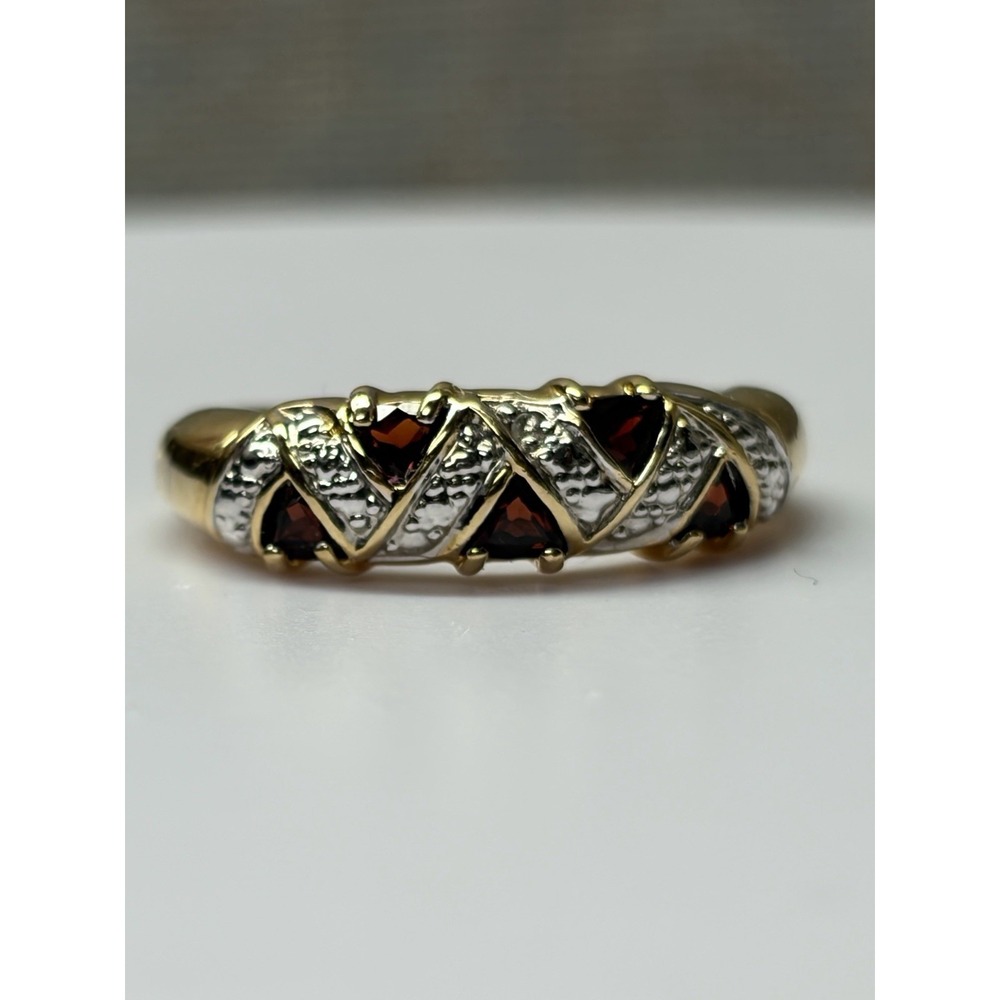 Gold & Silver Tone Cocktail Dome Band Ring Genuine Trillion Cut Garnets Size 8